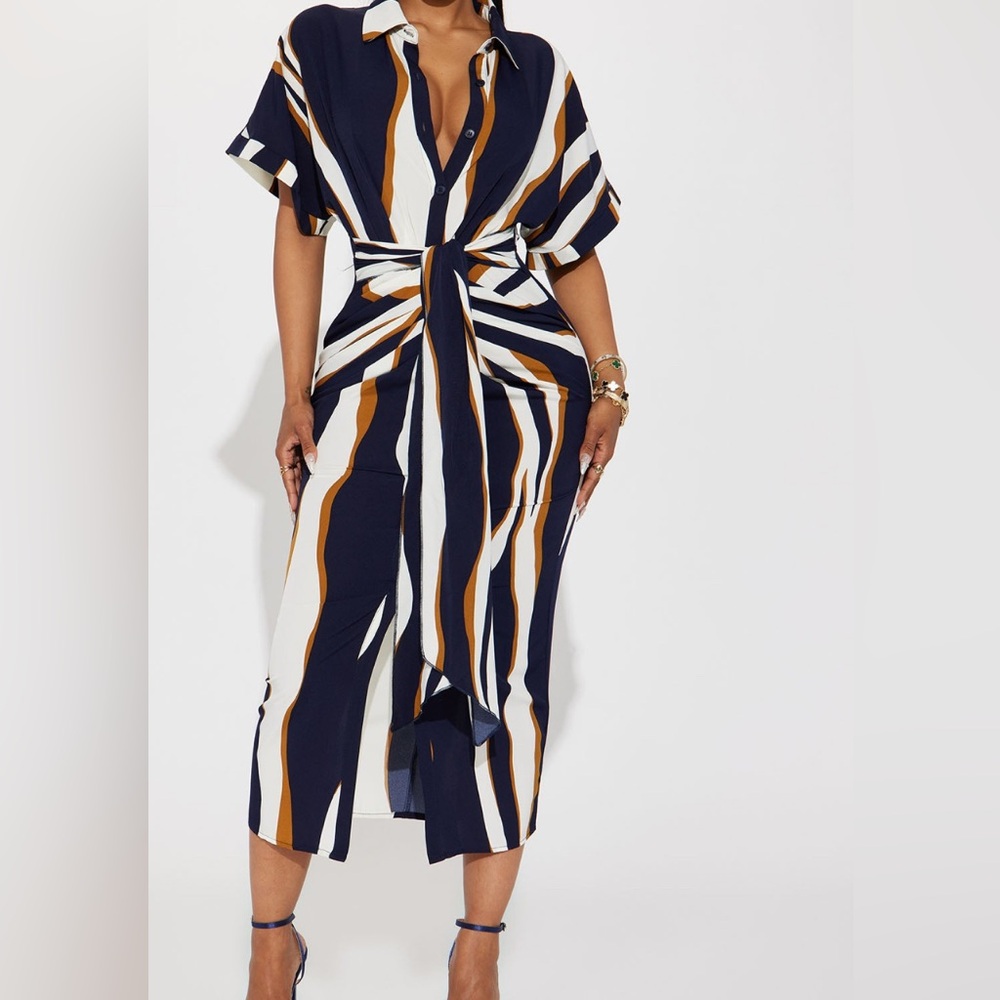Fashion Nova Navy and Gold Striped Midi Dress